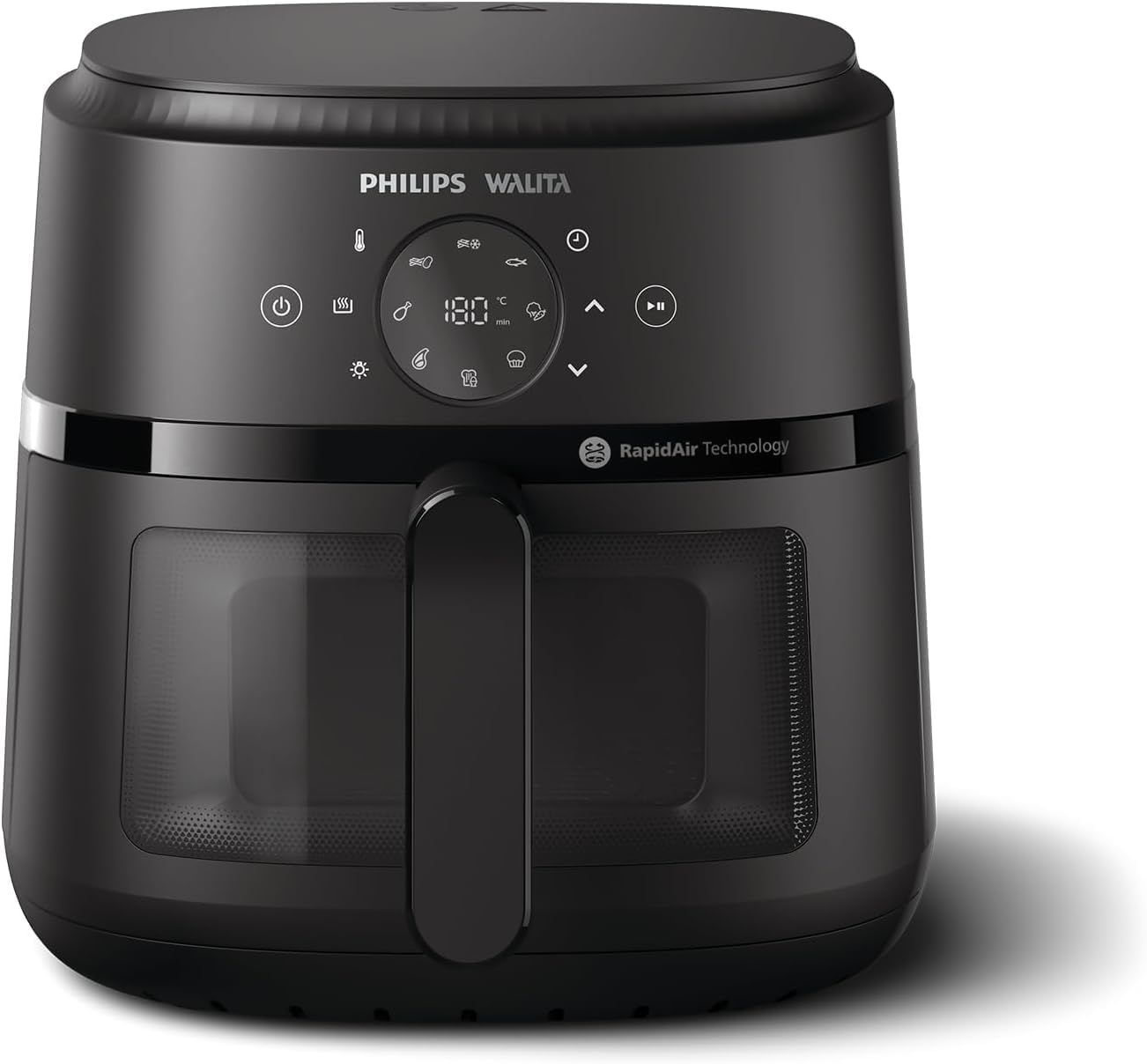 Philips Walita Airfryer NA230 Série 2000 XL preta com visor transparente, vista frontal, fundo branco