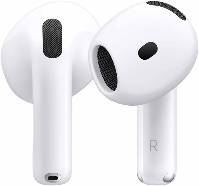 Apple AirPods 4 com ANC brancos, design open-ear sem ponteiras, com estojo USB-C aberto, fundo branco