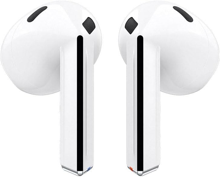 Samsung Galaxy Buds 3 brancos, in-ear com ponteiras de silicone, estojo aberto mostrando os fones, fundo branco