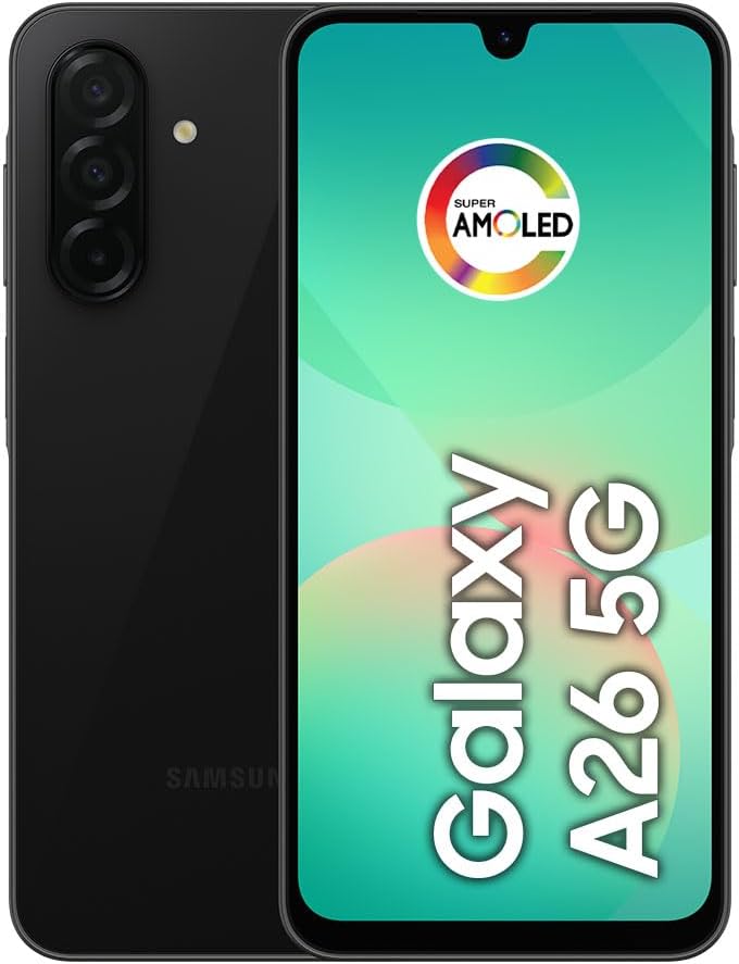 Samsung Galaxy A26 5G smartphone verde claro, vista frontal mostrando tela Super AMOLED 120Hz, fundo branco