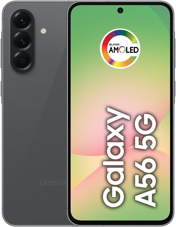 Samsung Galaxy A56 5G smartphone azul, vista frontal mostrando tela Super AMOLED brilhante de 1.900 nits, fundo branco