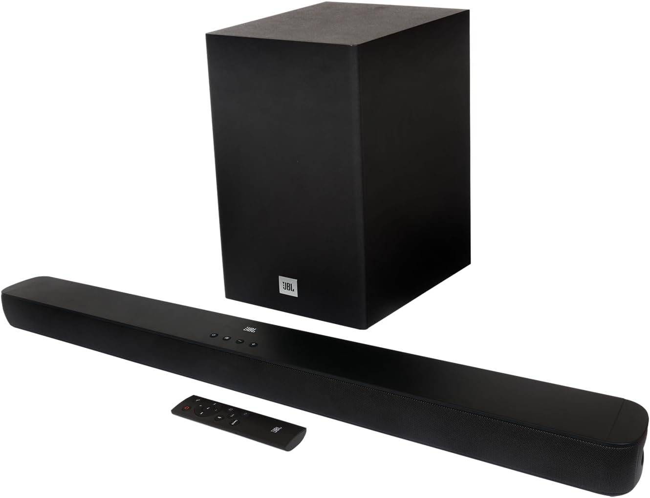JBL Cinema SB180 soundbar 2.1 canais 110W RMS com subwoofer sem fio 6,5 polegadas, acabamento preto, vista frontal, fundo branco