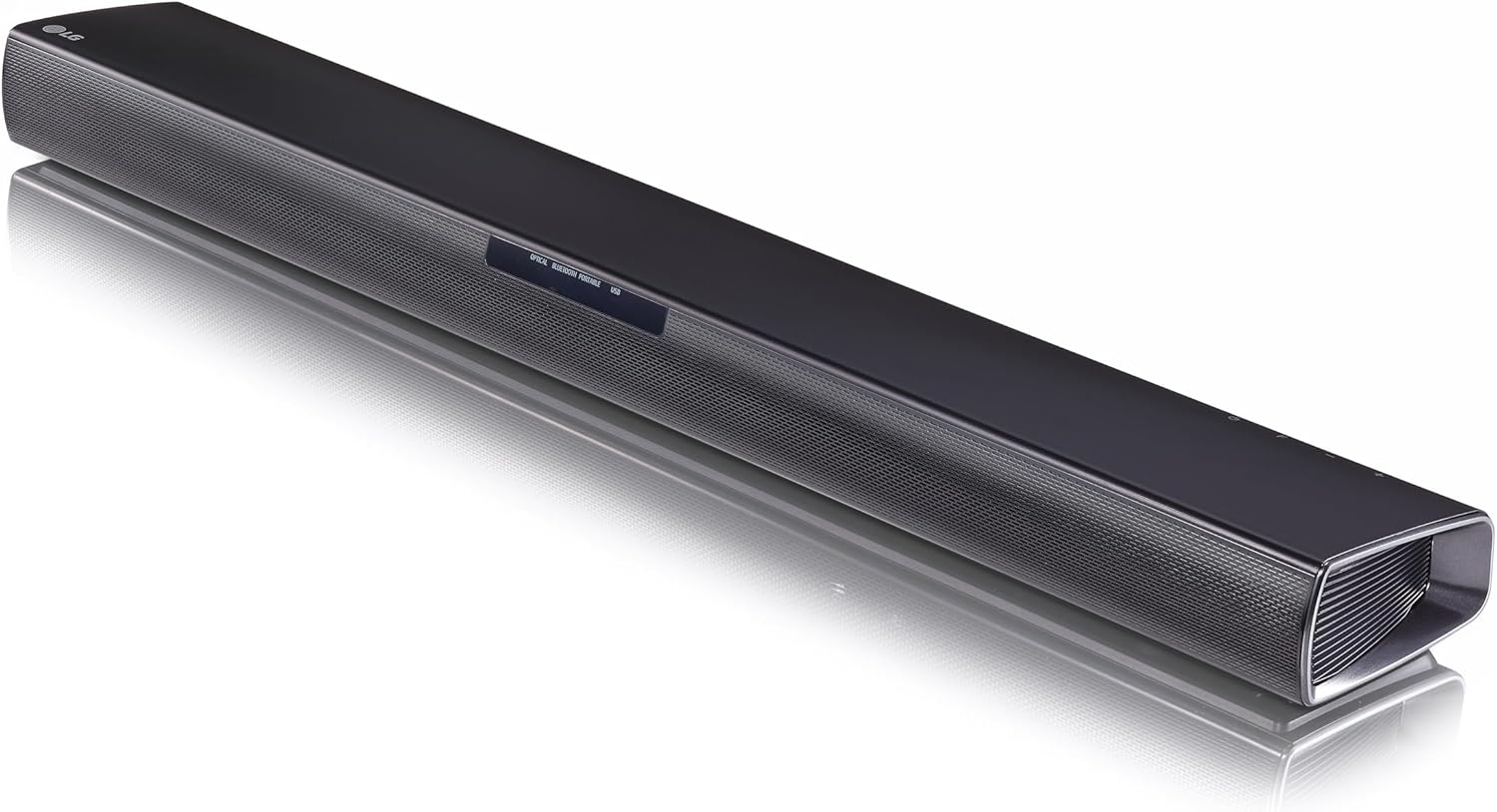LG SQC1 soundbar 2.1 canais 160W RMS com subwoofer sem fio, acabamento preto, vista frontal, fundo branco