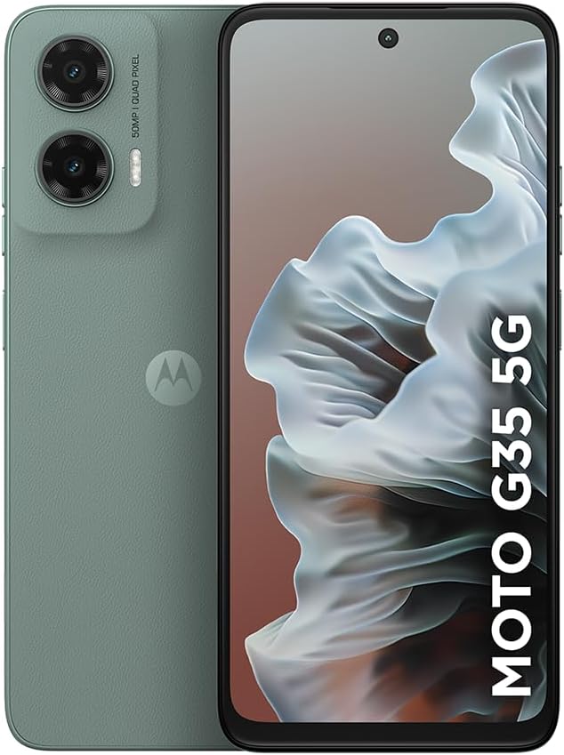 Motorola Moto G35 5G smartphone preto, vista frontal e traseira mostrando tela 120Hz e câmera dupla, fundo branco