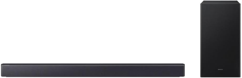 Samsung HW-B450F soundbar 2.1 canais com subwoofer sem fio e Dolby Audio, acabamento preto, vista frontal, fundo branco