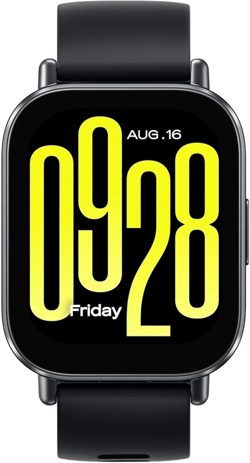 Xiaomi Redmi Watch 5 Active smartwatch preto com pulseira de silicone, vista frontal mostrando esfera, fundo branco